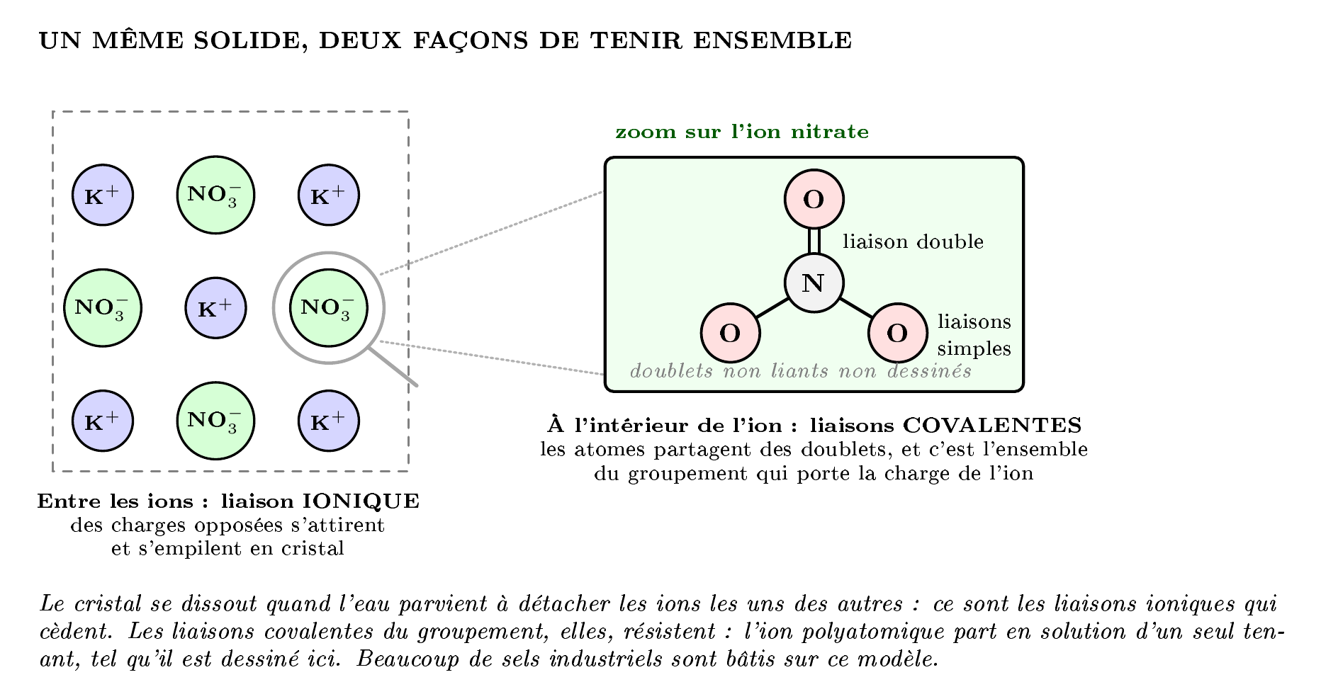 Un même solide, deux façons de tenir ensemble : liaisons covalentes à l'intérieur de l'ion nitrate, liaison ionique entre les ions K⁺ et NO₃⁻ du cristal