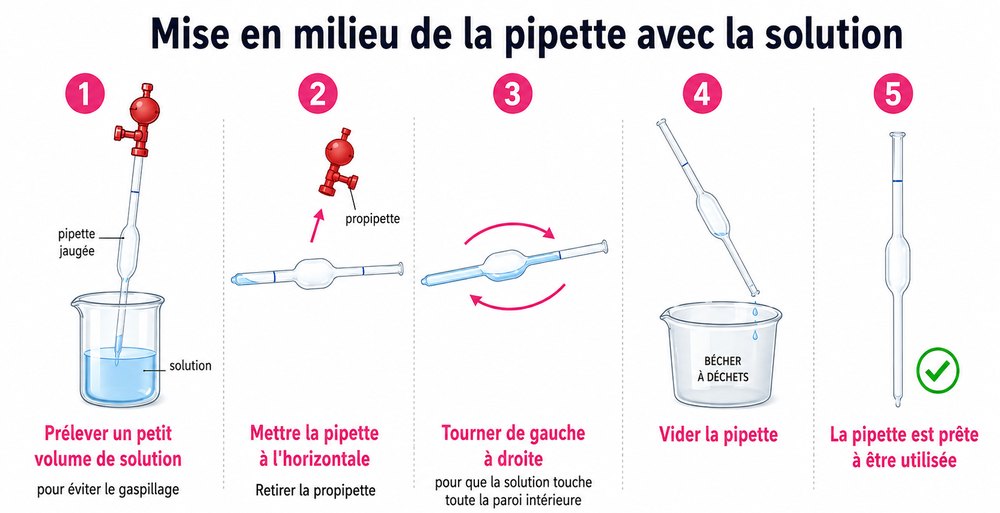 La mise en milieu de la pipette, en cinq temps : prélever un petit volume, mettre la pipette à l'horizontale, la faire tourner, la vider, puis l'utiliser.