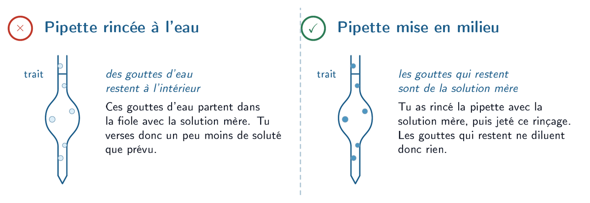 À gauche, une pipette rincée à l'eau : les gouttes d'eau restées à l'intérieur diluent la solution. À droite, une pipette mise en milieu : les gouttes qui restent sont de la solution mère, elles ne diluent rien.